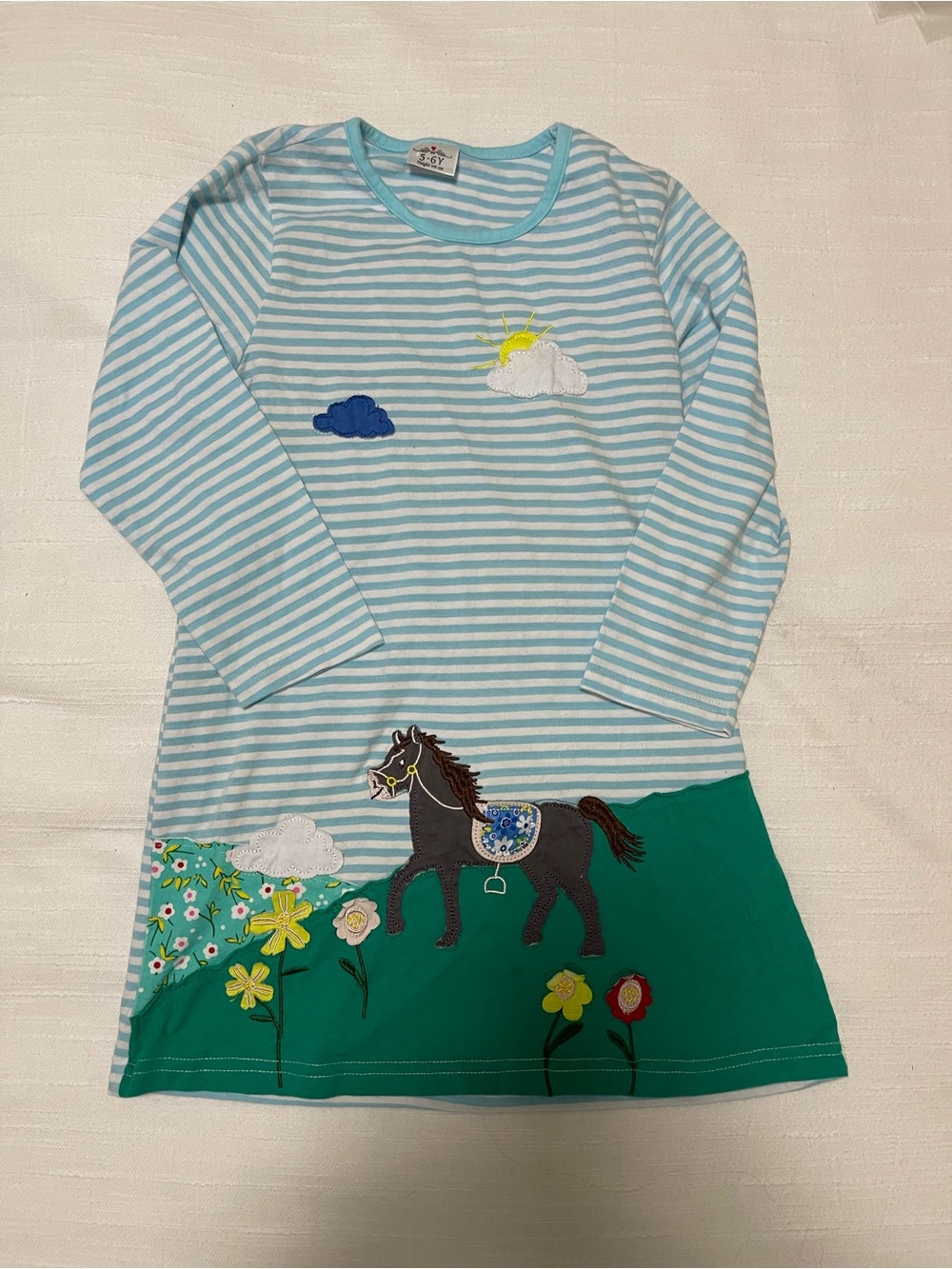 Girls' Light Blue Striped Horse Applique Long Sleeve Top